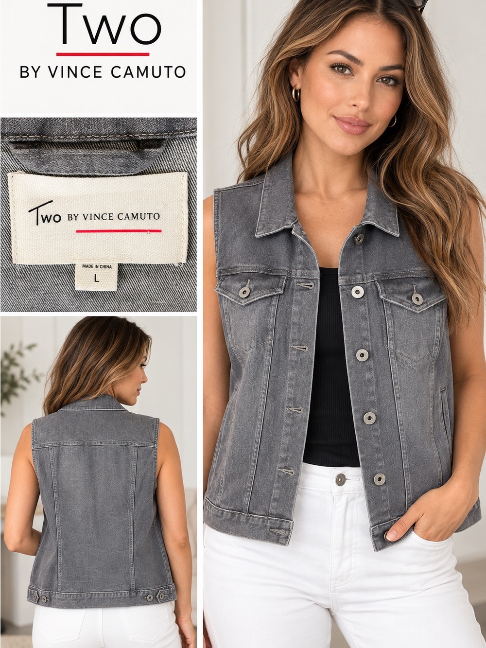 Two by Vince Camuto Gray Denim Vest Jacket Size L